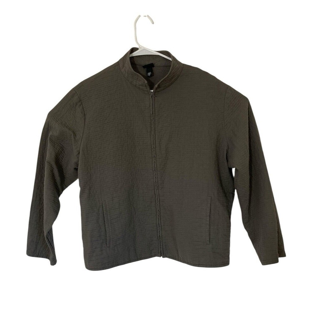 VTG Eileen Fisher Women's Large Full Zip Jacket Gray Textured Cotton Blend‎ USA